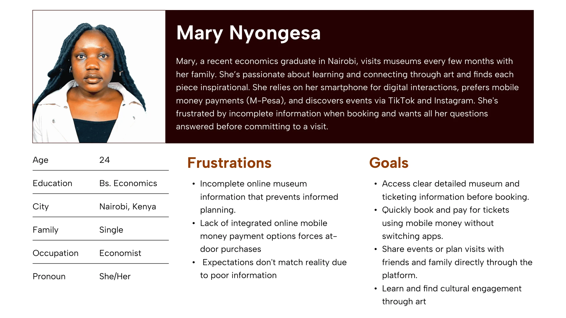 Persona for Mary Nyongesa, a Nairobi museum visitor, with her background, frustrations, and goals.
