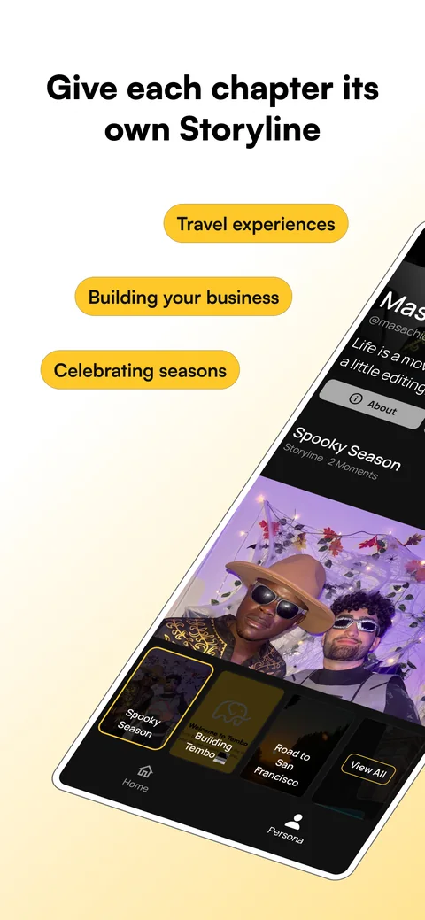 App Store screenshot: “Give each chapter its own Storyline”, with Travel experiences, Building your business and Celebrating seasons.