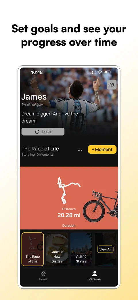 App Store screenshot: “Set goals and see your progress over time”, over The Race of Life Storyline with a 20.28 mile ride.