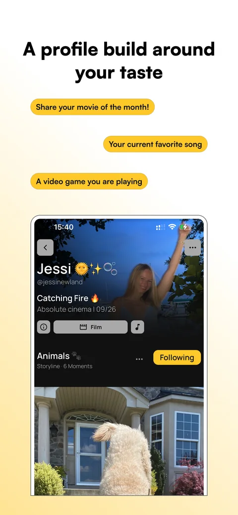 App Store screenshot: “A profile built around your taste”, with a movie of the month, a favorite song and a video game on a Persona.