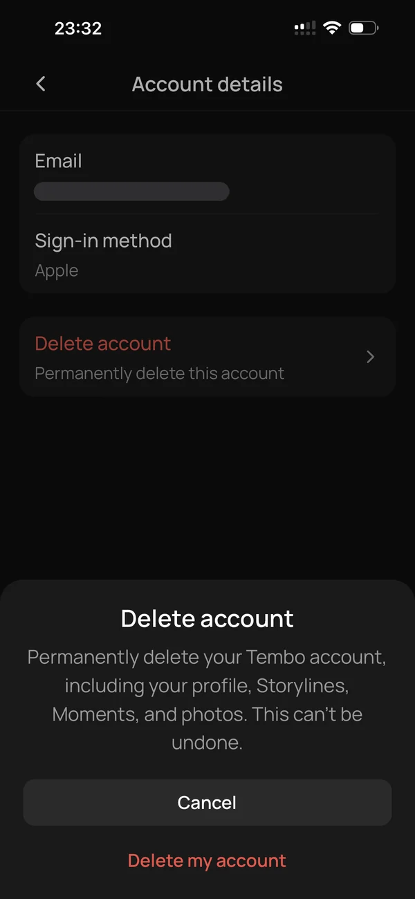 TEMBO’s Account details screen, the email redacted, with the Delete account sheet open: “Permanently delete your Tembo account, including your profile, Storylines, Moments, and photos. This can’t be undone.”