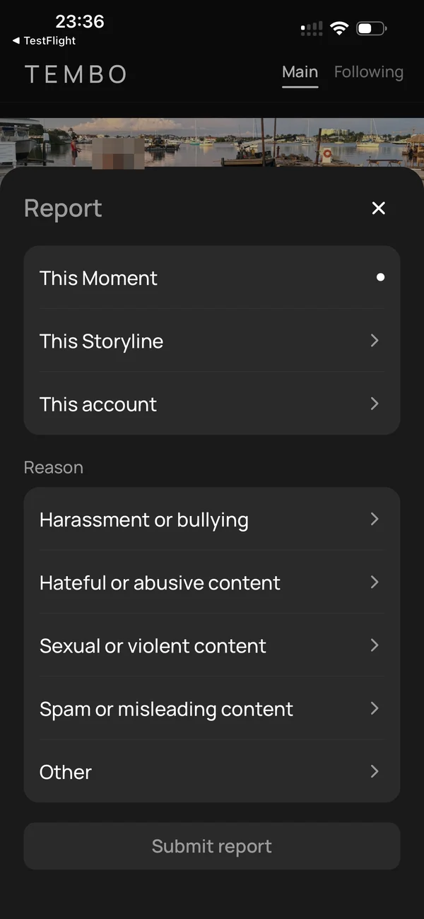 TEMBO’s Report sheet: report This Moment, This Storyline or This account, for harassment or bullying, hateful or abusive content, sexual or violent content, spam or misleading content, or another reason.