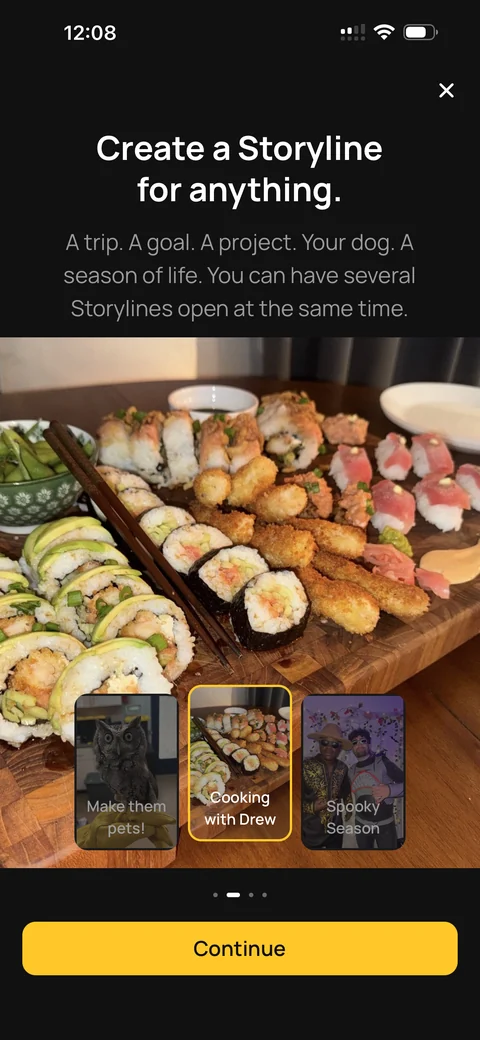 TEMBO onboarding: “Create a Storyline for anything.” A trip, a goal, a project, your dog, or a season of life, with several Storylines open at the same time.