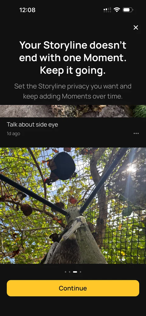 TEMBO onboarding: “Your Storyline doesn’t end with one Moment. Keep it going.” Set the Storyline privacy you want and keep adding Moments over time.
