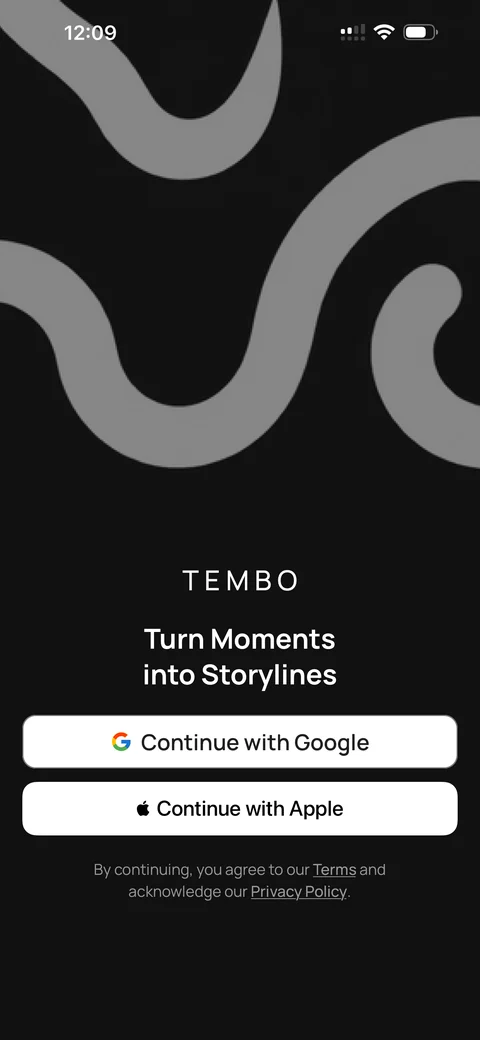 TEMBO sign-in: “Turn Moments into Storylines”, with Continue with Google and Continue with Apple.