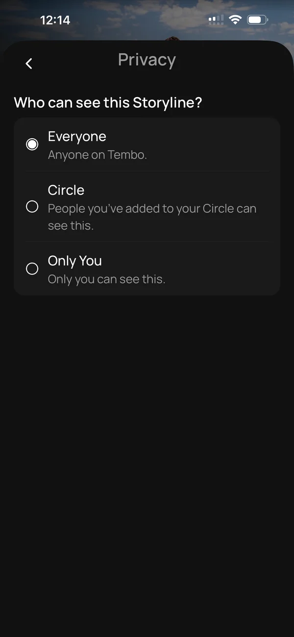 A Storyline’s Privacy screen in TEMBO: “Who can see this Storyline?”, with Everyone (anyone on Tembo) selected over Circle and Only You.