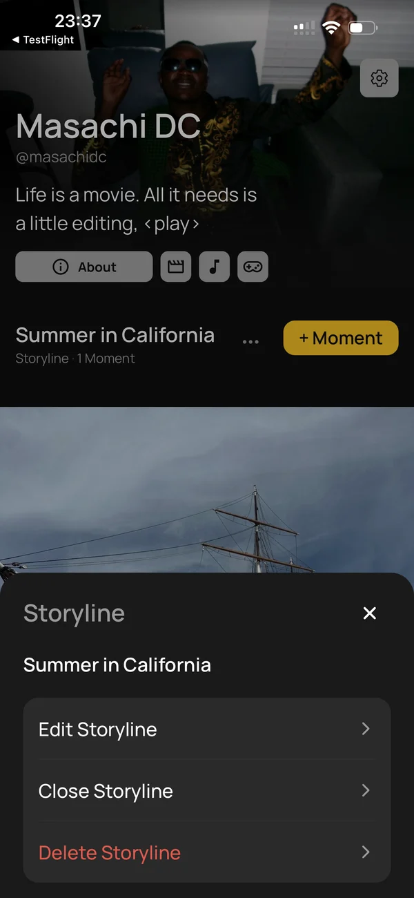 The Summer in California Storyline sheet on Masachi DC’s Persona in TEMBO, with Edit Storyline, Close Storyline and Delete Storyline.